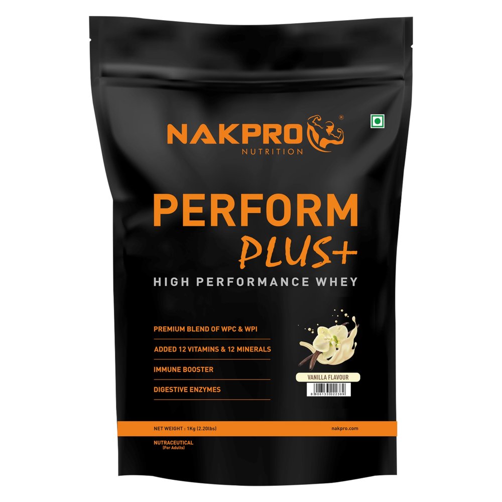 NAKPRO Perform Plus+ Whey Protein Concentrate with Digestive Enzymes | 24g Protein, 5.7g BCAA | Easy Mixing, Easy Digesting (1 Kg, Vanilla)