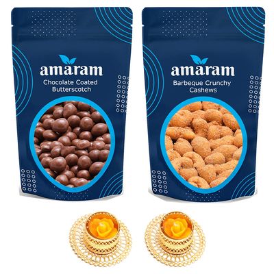 Amaram by Ghasitaram Chocolate Coated Butterscotch and Crunchy Cashew with 2 T-Lites|Dryfruit Gift Hamper|Dry Fruit Combo Pack offer|Dry Fruit Gift Pack|Dry Fruit Box|Diwali dry Fruit Gift Box|Mix Nut|