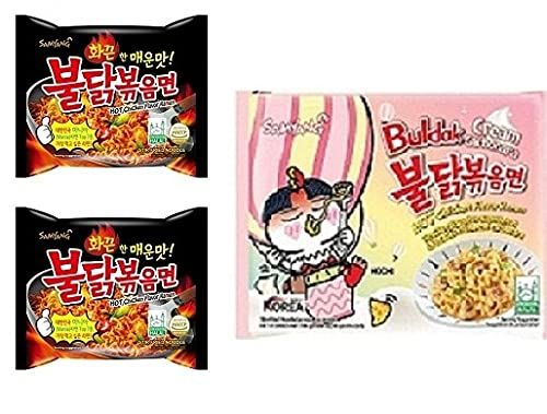 Samyang Korean Stire Fried Noodles PK2 & Buldak Cream Carbonara Flavour Spicy Noddles PK1(420Gm)(Imported) Pack of 3 (Non - Vegetrian)
