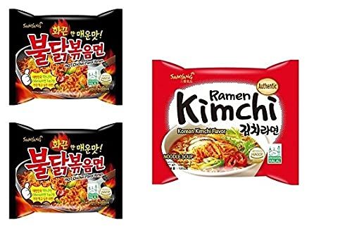 Samyang Korean Stire Fried Noodles PK2 & Buldak Ramen Kimchi Flavour Spicy Noddles PK1(420Gm)(Imported) Pack of 3 (Non - Vegetrian)
