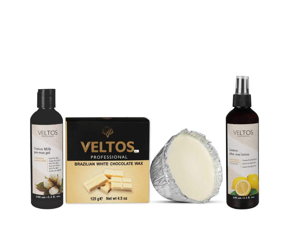 VELTOS Brazilian White Chocolate Facial Peel Off Wax 125 Gm With Cotton Pre-wax Gel 100ml and Lemon After Wax Lotion 100ml