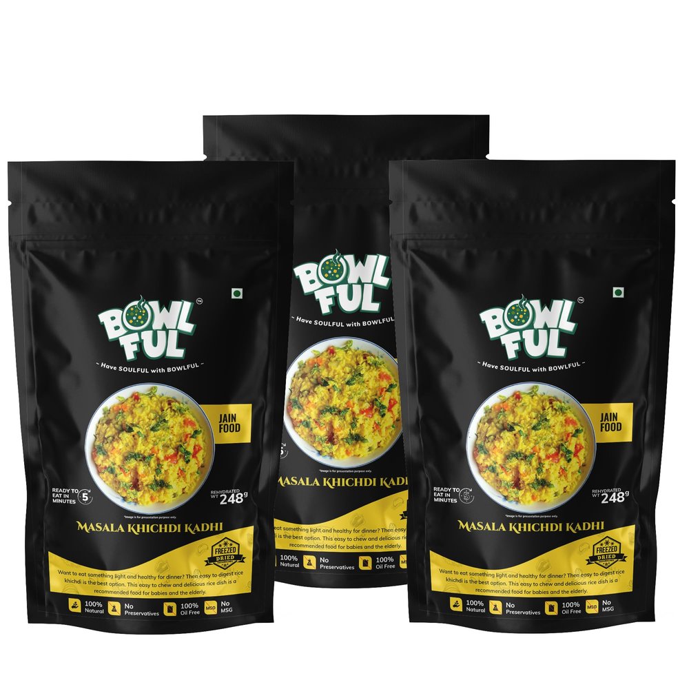 Bowlful Jain Masala Khichadi Kadhi, 48 GMS Pack of 3, Healthy Rice Based Product with Vegetables, Kadhi and Without Onion and Garlic. 100% Natural, Freeze Dried Food