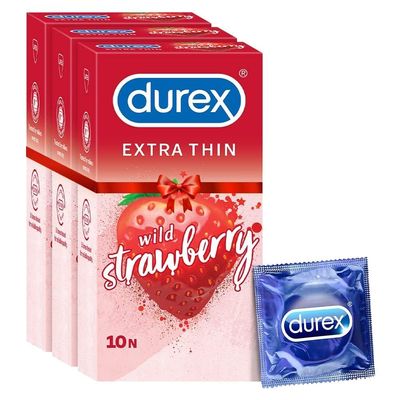 Durex Extra Thin Wild Strawberry Flavoured Condoms For Men -10s (Pack of 3)