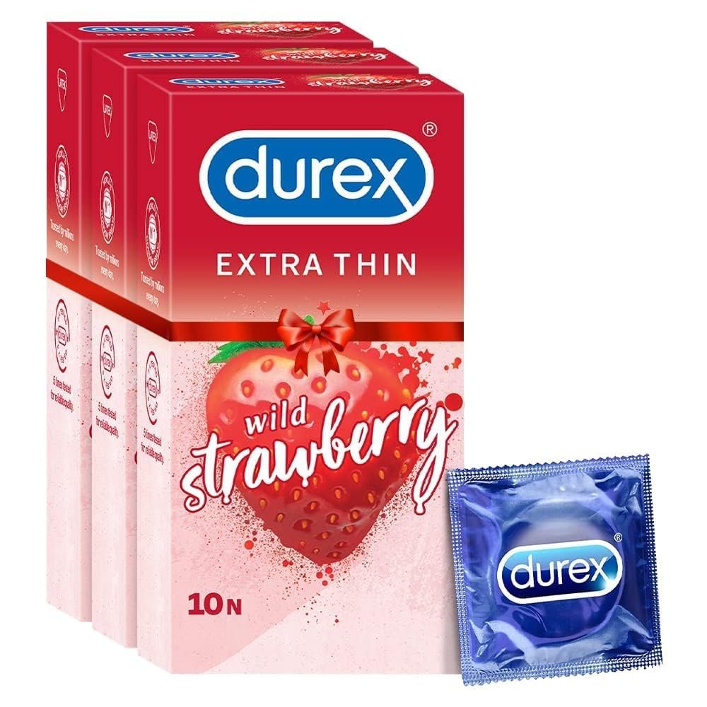 Durex Extra Thin Wild Strawberry Flavoured Condoms For Men -10s (Pack of 3)