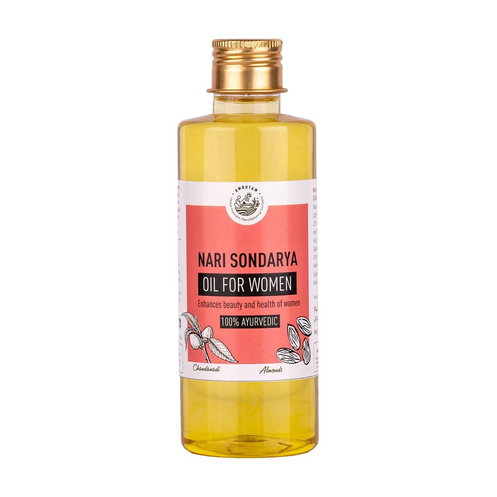 Amrutam Nari Sondarya Oil - Enhances Beauty & Health of Women | Retains Youthful Glow | Helps in Acne, Wrinkles and Stretch Marks | Treats Sun Tan | With Natural Ingredients like Almond, Olive Oil and Rose Extracts | 200 ml