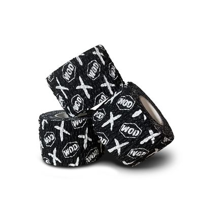 WOD Recovery Hook Grip Weightlifting Tape - Sweatproof & Chalk-Resistant, Adhesive Wrap for Thumb, Fingers, & Hands - Black/White, 1.5 Inches x 16 Feet