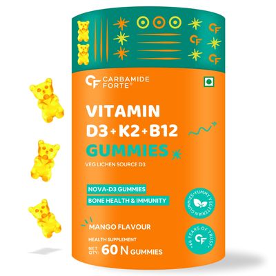 Crabamide Forte Vitamin D3 K2 B12 Gummies | Vitamin B12 Supplements | B12 Supplements For Bone Health & Immunity | Veg Lichen Source D3 Supplement | Mango Flavoured - 60 Gummies