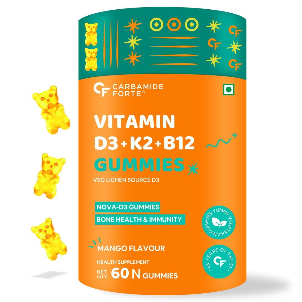 Crabamide Forte Vitamin D3 K2 B12 Gummies | Vitamin B12 Supplements | B12 Supplements For Bone Health & Immunity | Veg Lichen Source D3 Supplement | Mango Flavoured - 60 Gummies