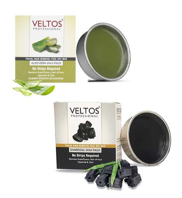 VELTOS Aloevera & Charcoal Facial Peel Off Katori Wax 80 Gm for Upper Lip, Facial Hair, Eyebrow | Face Waxing Painless & Softness Hair Removal (Pack of 2)