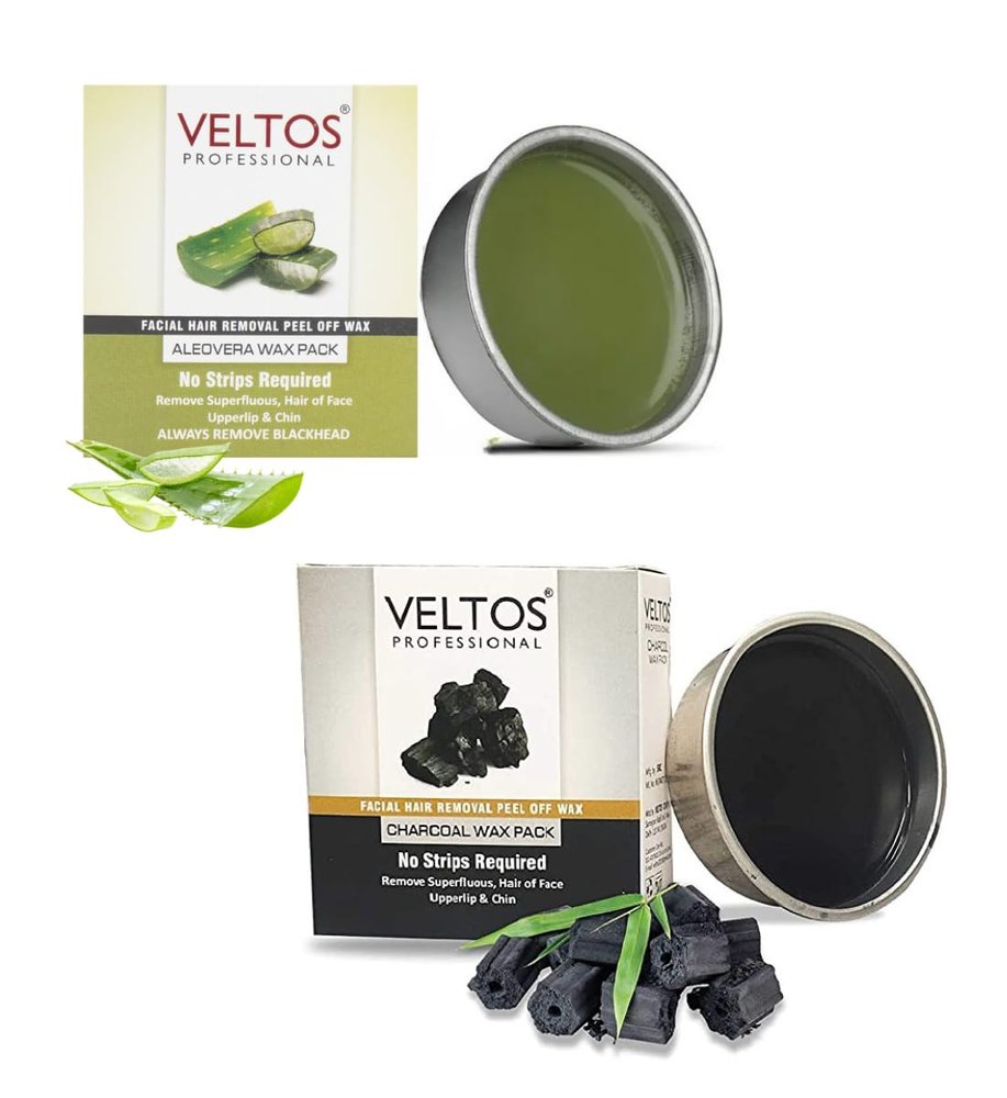 VELTOS Aloevera & Charcoal Facial Peel Off Katori Wax 80 Gm for Upper Lip, Facial Hair, Eyebrow | Face Waxing Painless & Softness Hair Removal (Pack of 2)