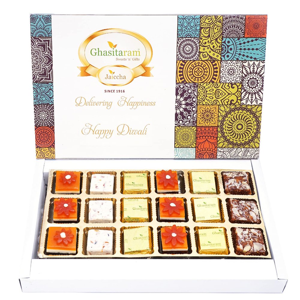 Ghasitaram Gifts Diwali Gifts - Happy Diwali Box of Assorted Bites 18 pcs |Sweets|Sweets Gift Pack|Diwali Sweets|Indian Mithai|Diwali Sweets Gift Box|Sweets Gift Box|Bites
