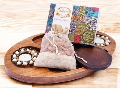 Ghasitaram Gifts Diwali Gifts - Chip n Dip Wooden Tray with T-Lites,Coasters, Almonds and Assorted Bites Box|Sweets|Sweets Gift Pack|Diwali Sweets|Indian Mithai|Diwali Sweets Gift Box