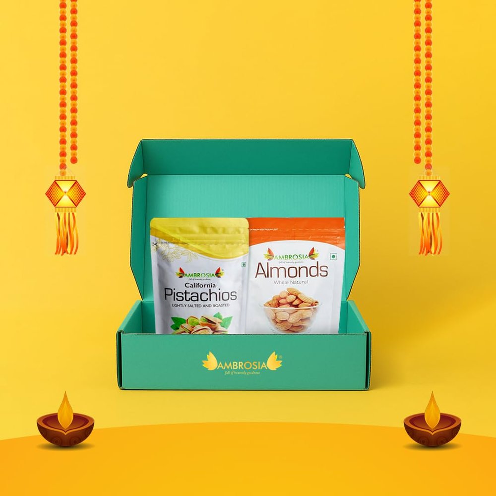 Ambrosia Dry Fruit Diwali Gift Box 500g | Premium Almonds & Pistachios | Festive Hamper | Gluten-Free | Healthy Gifting Pack
