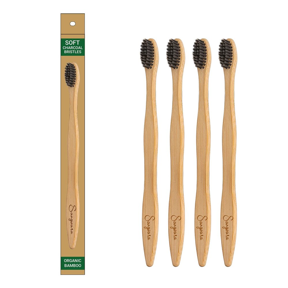 Sangsara by Dr. Odin Bamboo Toothbrush 100% Biodegradable Natural, Eco-Friendly, Compostable, Vegan & Reusable Bamboo Toothbrush (Black, Pack of 4)
