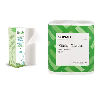 Beco Reusable Kitchen Towel Roll (20 Sheets) Natural & Organic Cleaning Bamboo Cloth Ecofriendly and Biodegradable and Solimo 2 Ply Kitchen Tissue/Towel Paper Roll - 2 Rolls (60 Pulls Per Roll)