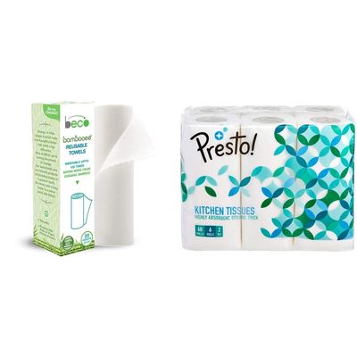 Beco Reusable Kitchen Towel Roll (20 Sheets) Natural & Organic Cleaning Bamboo Cloth Ecofriendly and Biodegradable and Presto! 2 Ply Kitchen Tissue/Towel Paper Roll - 6 Rolls (60 Pulls Per Roll)