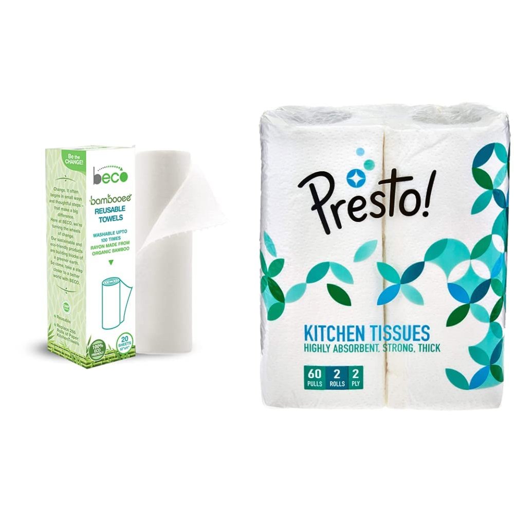 Beco Reusable Kitchen Towel Roll (20 Sheets) Natural & Organic Cleaning Bamboo Cloth Ecofriendly and Biodegradable and Presto! 2 Ply Kitchen Tissue/Towel Paper Roll - 2 Rolls (60 Pulls Per Roll)