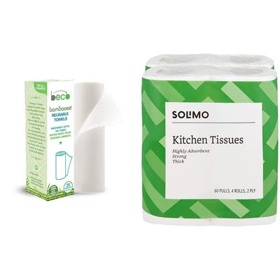 Beco Reusable Kitchen Towel Roll (20 Sheets) Natural & Organic Cleaning Bamboo Cloth Ecofriendly and BiodegradableAmazon Brand - Solimo 2 Ply Kitchen Tissue Paper Roll - 4 Rolls (60 Pulls Per Roll)