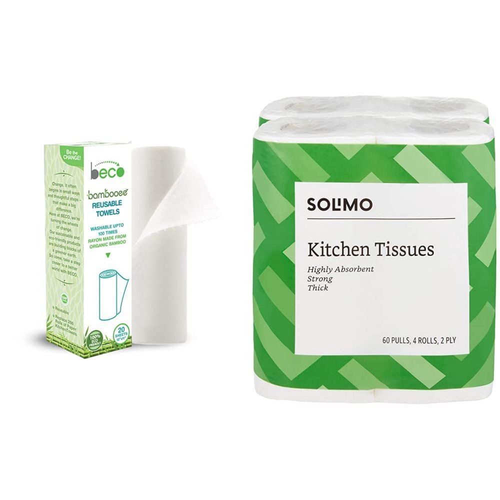 Beco Reusable Kitchen Towel Roll (20 Sheets) Natural & Organic Cleaning Bamboo Cloth Ecofriendly and BiodegradableAmazon Brand - Solimo 2 Ply Kitchen Tissue Paper Roll - 4 Rolls (60 Pulls Per Roll)