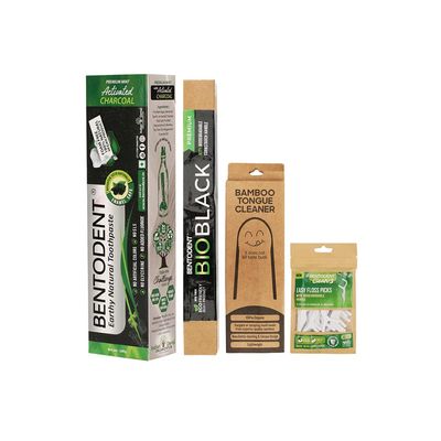 Bentodent Toothpaste - Teeth Whitening Smile Box For Complete Oral Care Incl Charcoal Toothpaste, Bio Black Soft Toothbrush, Bamboo Tongue Cleaner, Biodegradable Floss
