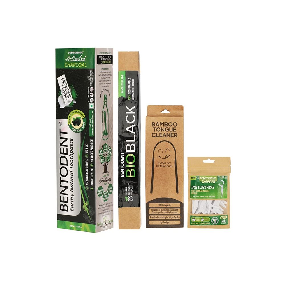 Bentodent Toothpaste - Teeth Whitening Smile Box For Complete Oral Care Incl Charcoal Toothpaste, Bio Black Soft Toothbrush, Bamboo Tongue Cleaner, Biodegradable Floss