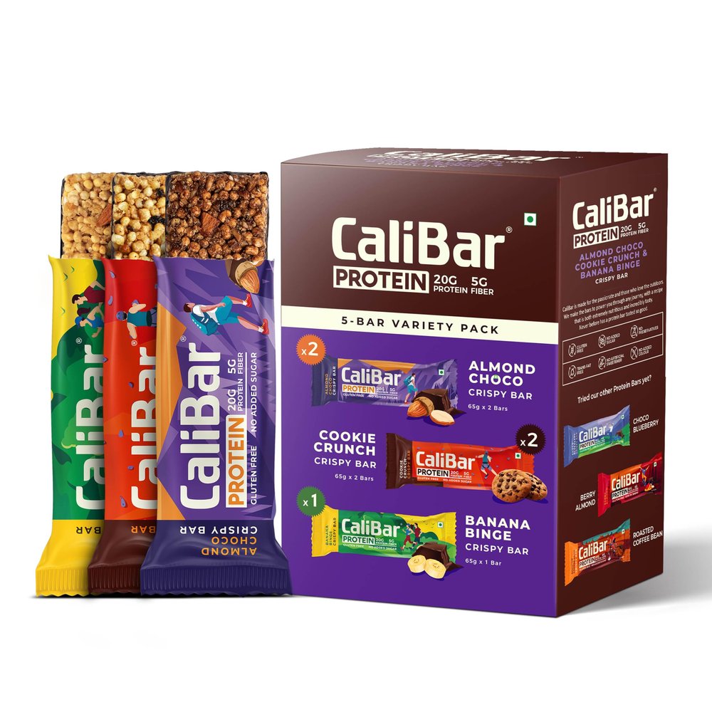 CaliBar 20g Protein Bar - Almond Choco, Banana Binge, Cookie Crunch Crispy Bar (Combo Pack of 5) Assorted Pack, No Added Sugar, Gluten-Free, 5g Fiber, No Preservatives, Delicious Taste & 100% Veg. | Guilt-Free snacking for High Protein diets, Sustain