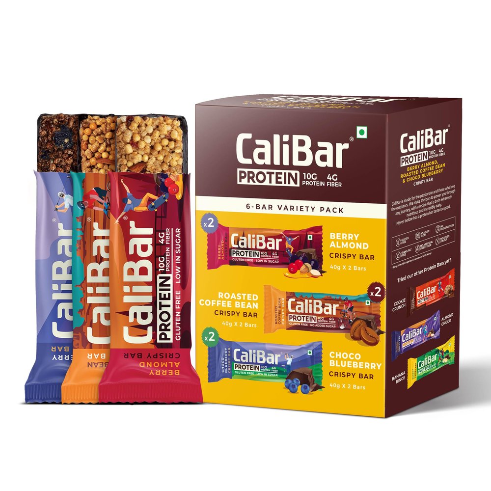 CaliBar 10g Protein Bar - Berry Almond + Roasted Coffee Bean + Choco BlueBerry Crispy Bar (Combo Pack of 6) Variety Pack , With Real Coffee, With Real Bits of Cranberry & Blackcurrant, Low In Sugar, Sweetened With Honey, Gluten-Free, 4g Fiber, No Pre