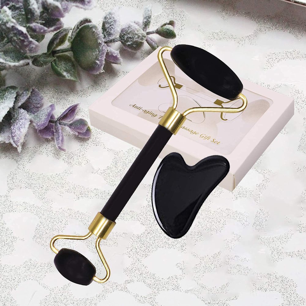 ACS Black Obsidian Jade Facial Roller & Gua Sha Set 100% Natural Source from Highest Altitude of Himalayan Two-Sided Face Neck Massager Stone Beauty...