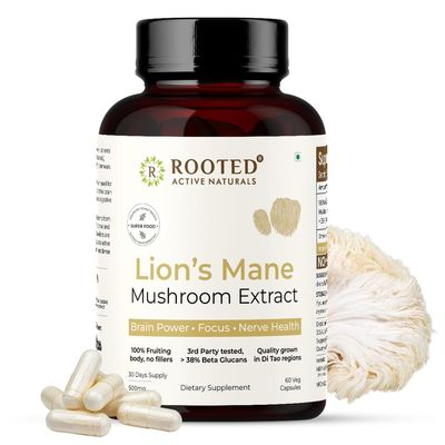 Rooted Active's Lion's Mane Mushroom for Brain Health Support - Mushroom Support for Focus & Memory Function - Immune & Nervous System Supplement | 60 Caps