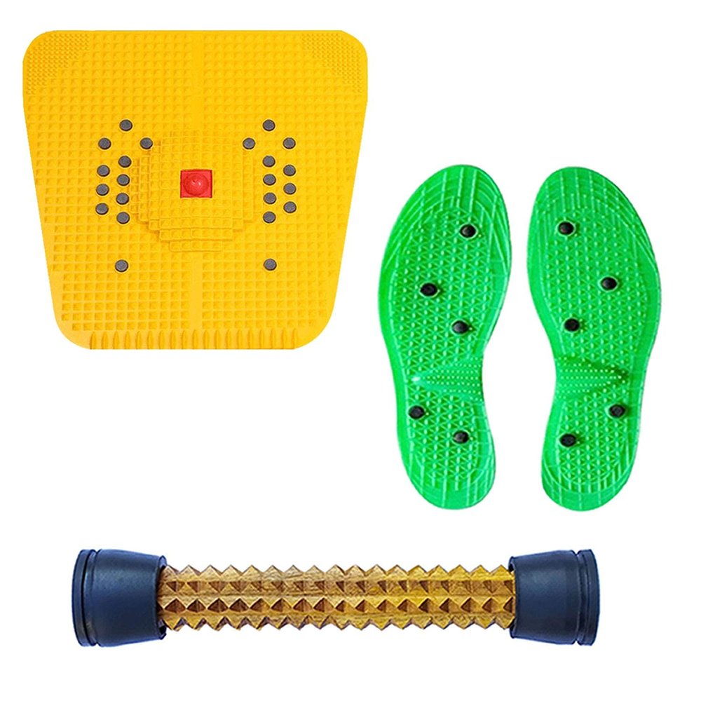 _Acs Bio-Magnetic Power Foot Mat & Shoe Sole (Cut to Size) (Magneto-Therapy) & Premium Wooden Foot Roller (Pyramidal Cuts) (Pack of 3)