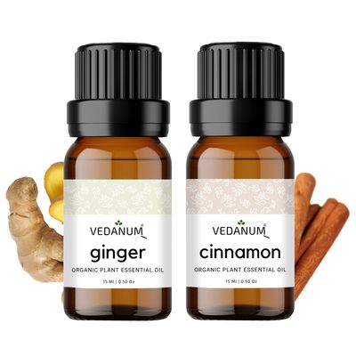VEDANUM Premium Essential Oil for Aromatherapy, Oil Diffuser, Aroma Burner, Home Dcor Activities - 15 ML Organic Concentrate ||Pack Of 2|| (Cinnamon and Ginger)