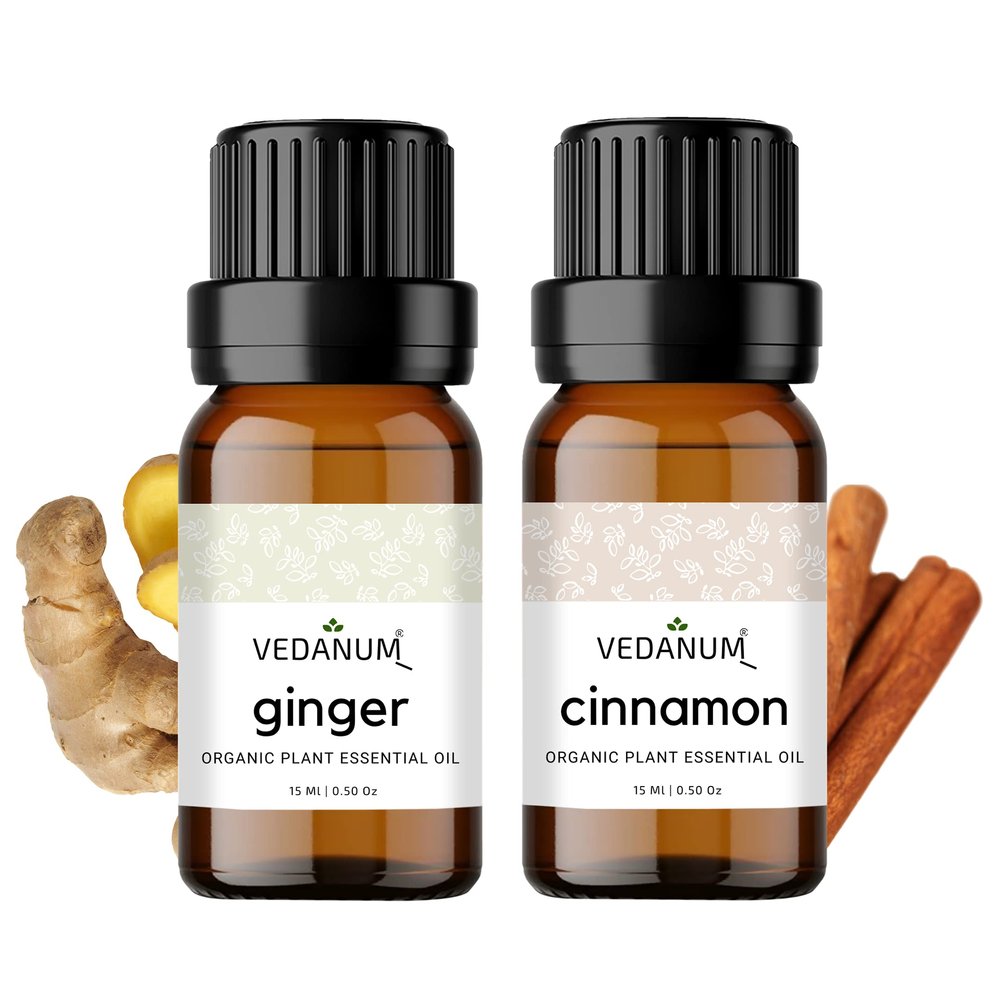 VEDANUM Premium Essential Oil for Aromatherapy, Oil Diffuser, Aroma Burner, Home Dcor Activities - 15 ML Organic Concentrate ||Pack Of 2|| (Cinnamon and Ginger)