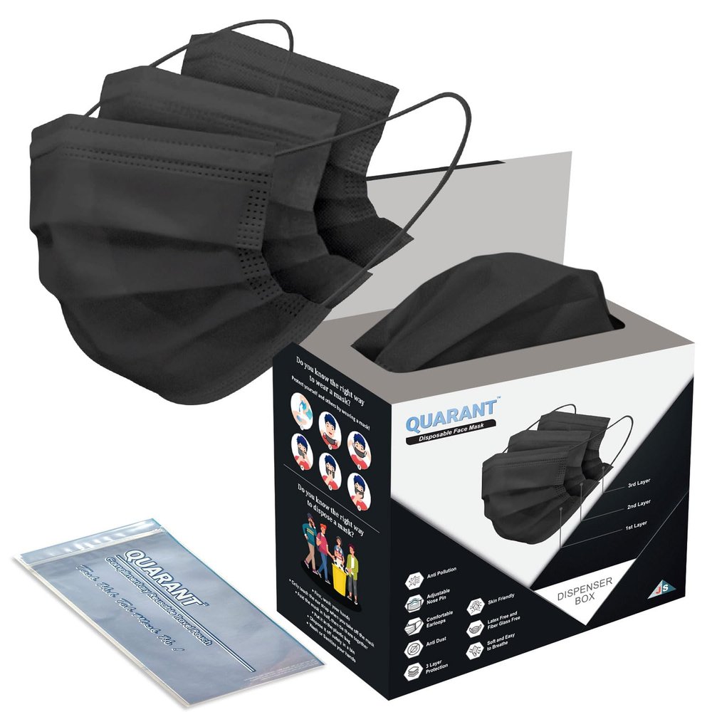 QUARANT Meltblown - SMMS Fabric 3 Ply Disposable Face Mask with Nose Clip and Reusable Travel Pouch (Black, Pack of 500) for Unisex