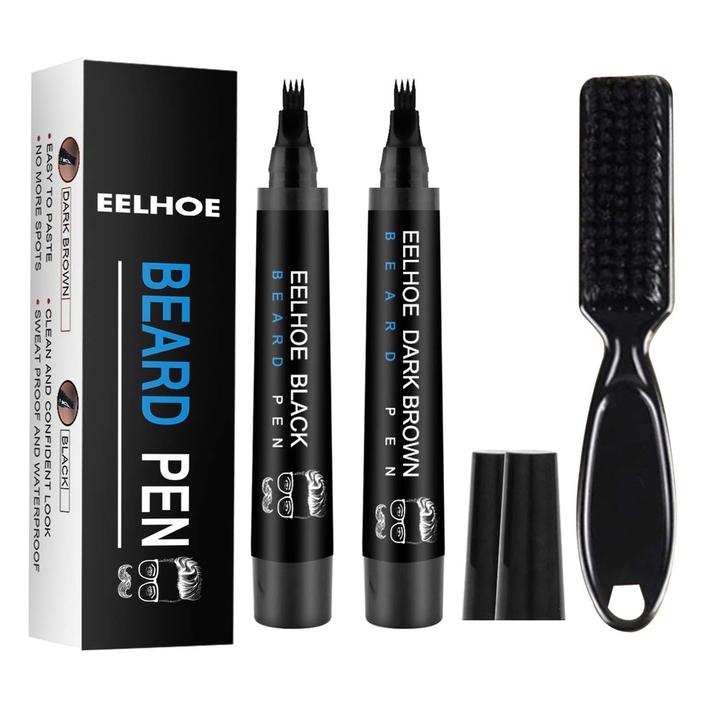 Wild Bristle Lastics Care Brush Four Forks Head Beard Filler Pen Suit (Black & Dark Brown)-POOWE