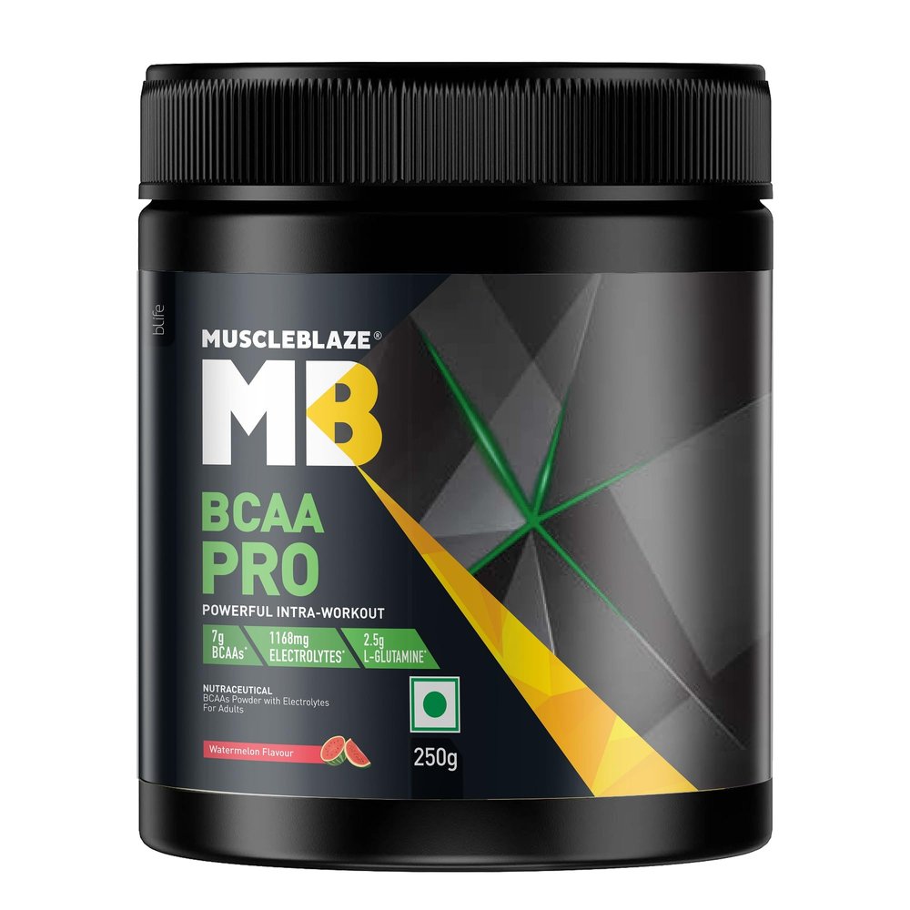 MuscleBlaze BCAA Pro Powder, Powerful Intra Workout (Watermelon, 250g, 16 Servings) | With 7g BCAAs, 1168mg Electrolytes & 2.5g Glutamine
