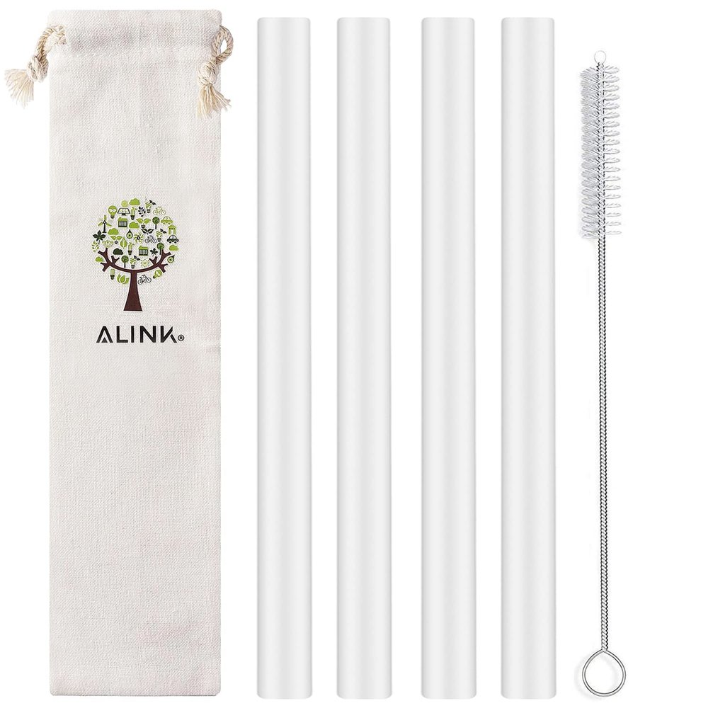 ALINK Reusable Clear Silicone Boba Straws, 4-Pack Extra Wide Smoothie Straws for Bubble Tea/ Shakes/ Tapioca Pearls with Cleaning Brush and Carrying Case