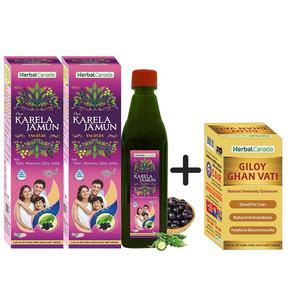 HARC Herbal Canada Pure Karela Jamun Juice (500 m) Pack of 2 + Giloy Ghanvati Tablet Free (100 Tabs) | Help for Maintaining Sugar Level/Immunity Booster/Purifies Blood