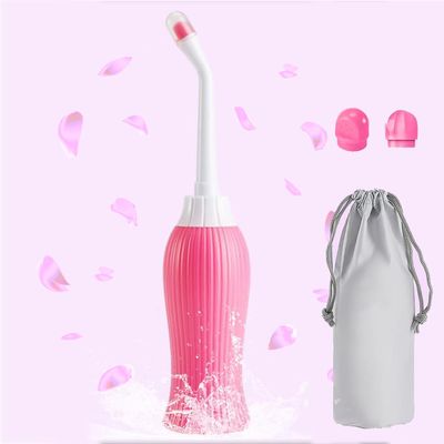 HANNEA 450ml Portable Retractable Travel Bidet for Toilet Handheld Postpartum Perineal Cleansing Childbirth Cleaner with Bag/2 Nozzles- for Outdoor, Camping, Personal Hygiene (Pink)