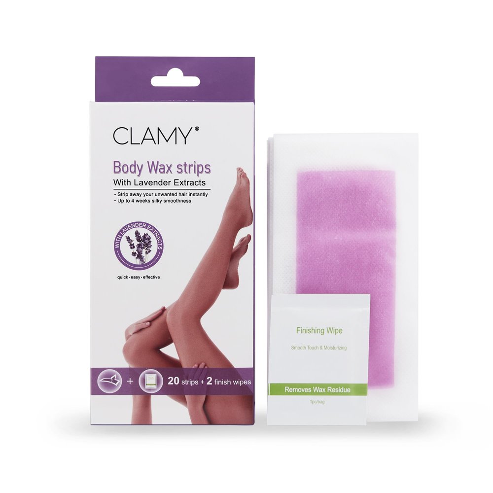 CLAMY Full Body Wax Strips with Lavender Extract Instant Removal Silky Smoothness Upto 4 Weeks (20 Strips + 2 Finish Wipes) Lavender