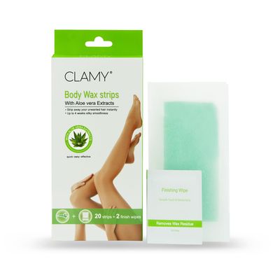 CLAMY Full Body Wax Strips with Aloe vera Extract Instant Removal Silky Smoothness Upto 4 Weeks (20 Strips + 2 Finish Wipes) Aloe