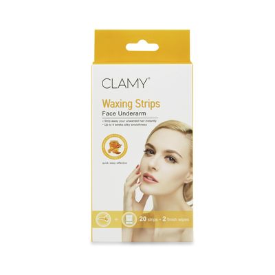 CLAMY Face & UnderArms Waxing Strips with Honey Extracts Instant Removal Silky Smoothness Upto 4 Weeks (20 Strips + 2 Finish Wipes) Honey