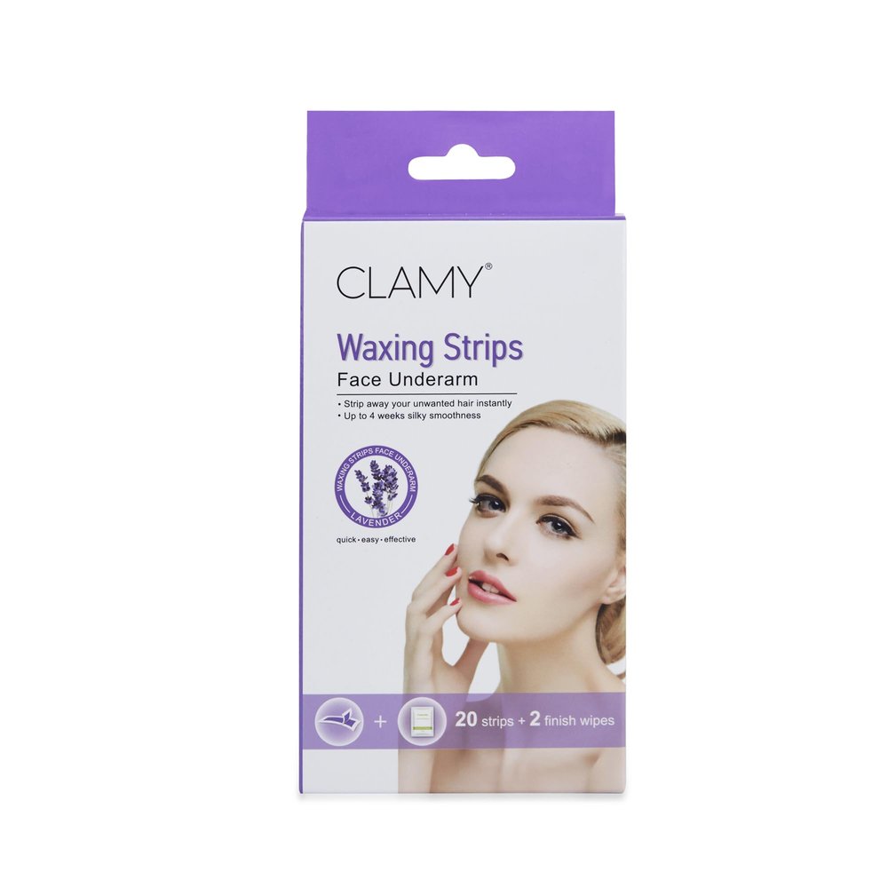 CLAMY Face & UnderArms Waxing Strips with Lavender Extracts Instant Removal Silky Smoothness Upto 4 Weeks (20 Strips + 2 Finish Wipes) Lavender