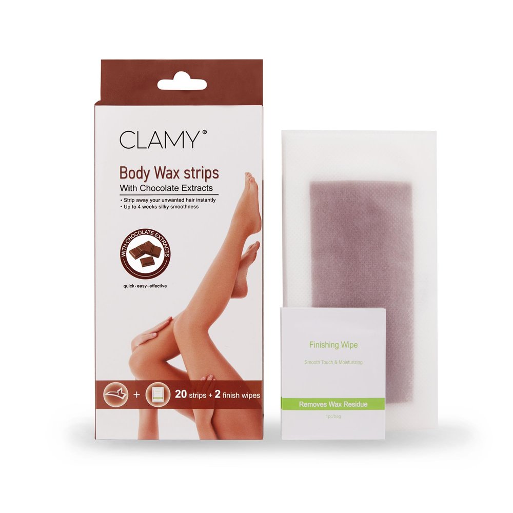 CLAMY Full Body Wax Strips with Chocolate Extract Instant Removal Silky Smoothness Upto 4 Weeks (20 Strips + 2 Finish Wipes) Choco
