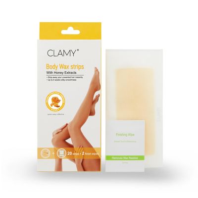 CLAMY Full Body Wax Strips with Honey Extract Instant Removal Silky Smoothness Upto 4 Weeks (20 Strips + 2 Finish Wipes) Honey