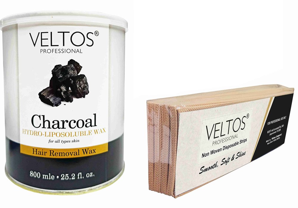 VELTOS PROFESSIONAL Charcoal Hydro Lipodoluble Wax 800ML With Pack Of Veltos Professional Non-Woven Waxing Strips