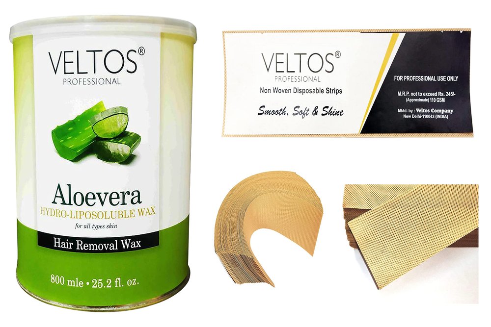 VELTOS PROFESSIONAL Aloe Vera Hydro Liposoluble Wax 800ml With Non-woven Waxing Strips | Eco Friendly Painless Skin Formula
