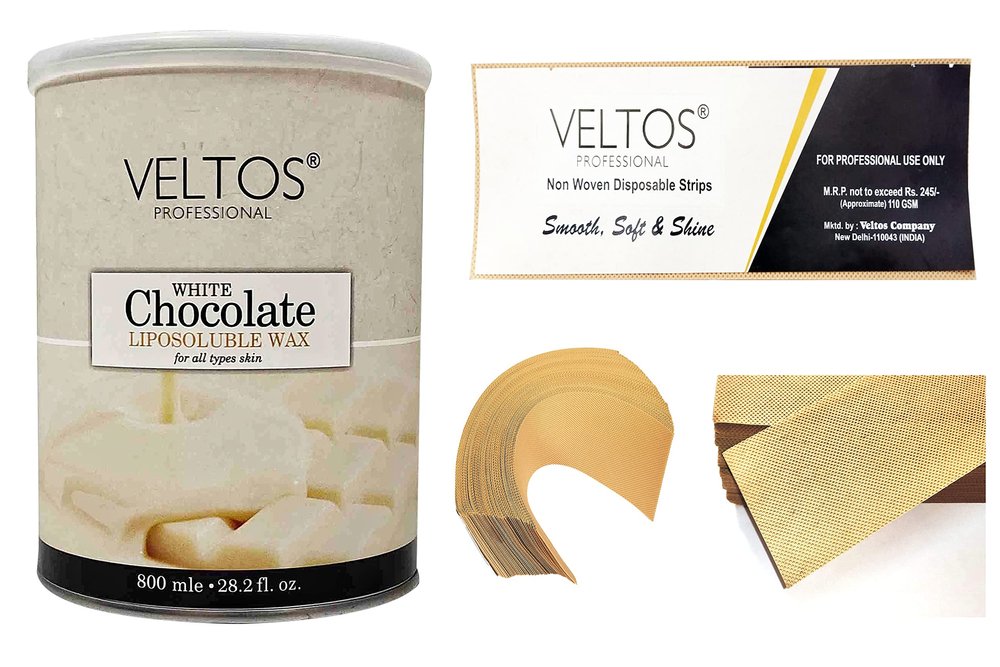 VELTOS PROFESSIONAL White Chocolate Hydro Lipodoluble Wax 800ML With Pack Of Veltos Professional Non-Woven Waxing Strips
