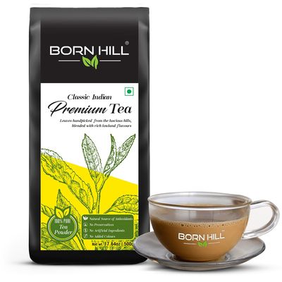 BORN HILL Premium Assam Tea Powder 500g Pack (Resealable)- 100% Natural, Fresh Blend with No Preservatives or Colors, Authentic Indian Flavor, Ideal for Morning & Evening Chai at Home, Office or Hotel