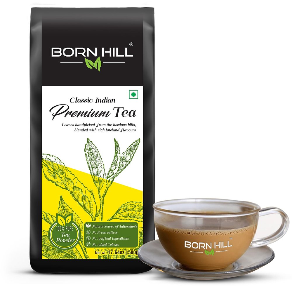 BORN HILL Premium Assam Tea Powder 500g Pack (Resealable)- 100% Natural, Fresh Blend with No Preservatives or Colors, Authentic Indian Flavor, Ideal for Morning & Evening Chai at Home, Office or Hotel