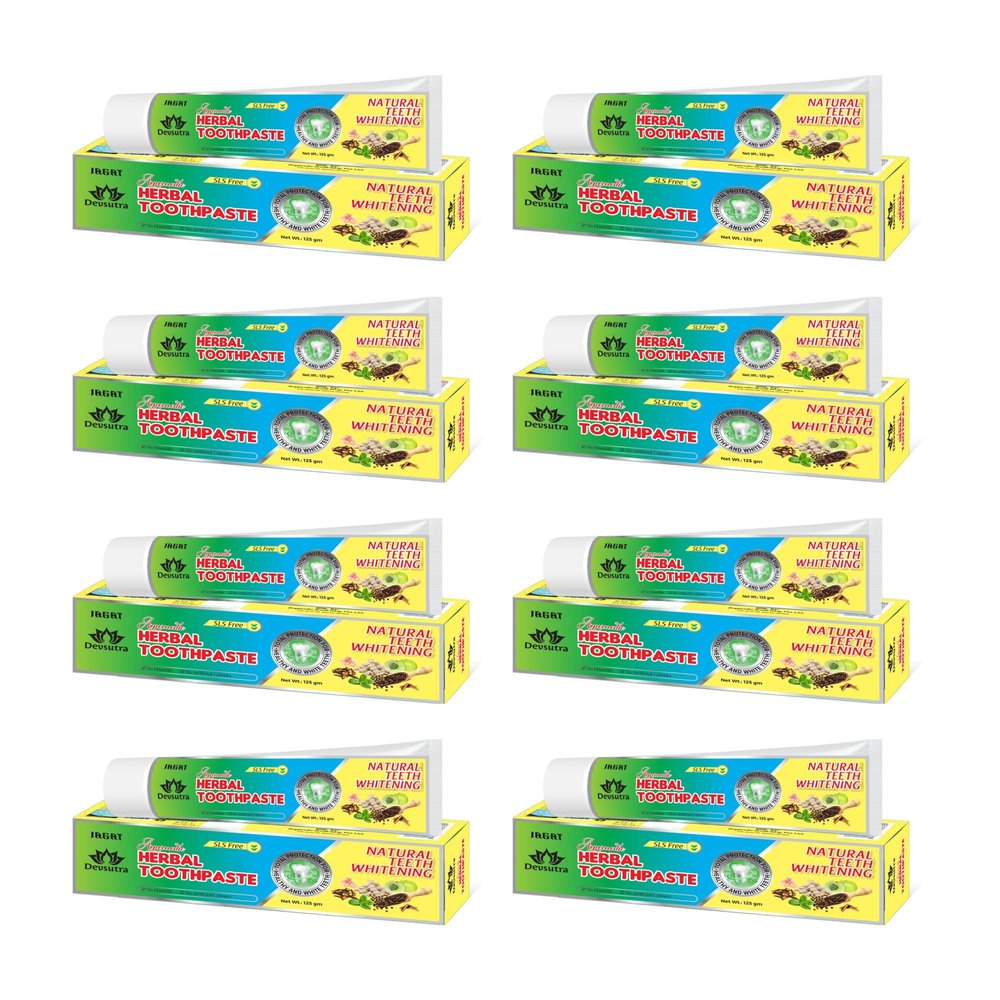 Jagat Devsutra Dr. Recommended Ayurvedic Herbal Fresh Mint Flavour Toothpaste Combo Pack Offer - 100% Natural Teeth Whitening Formula with No Fluoride & No Artificial Colours - Pack of 8 (125g X 8)